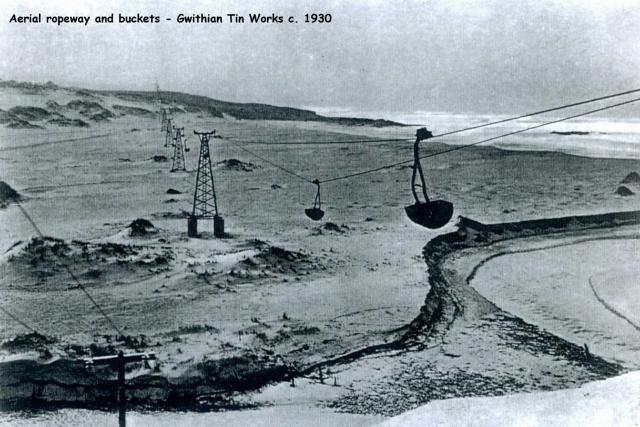 Aerial ropeway and buckets - Gwithian Tin Works c. 1930