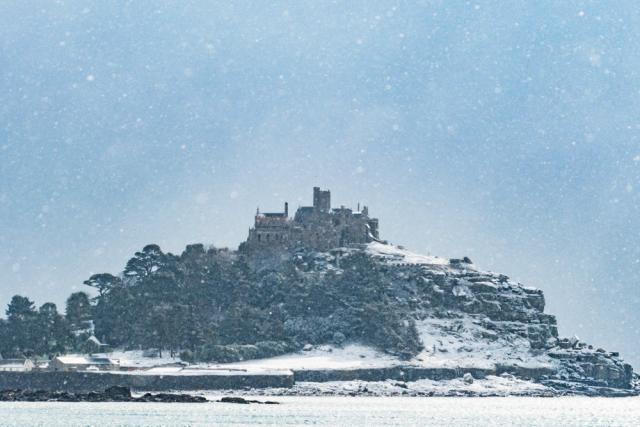 St Michaels mount at Marazion in the snow today - you don't see that often. #beastfromtheeast