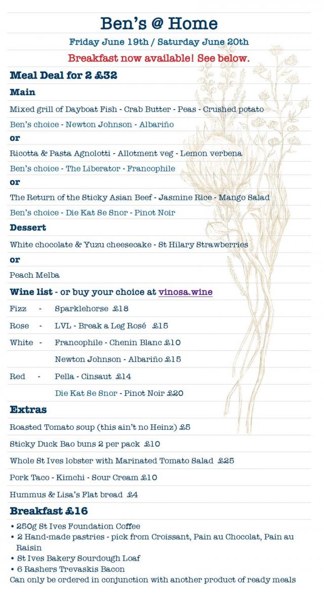 Friday June 19th / Saturday June 20th menu Order by email by 6pm Tuesday | Breakfast Now Available