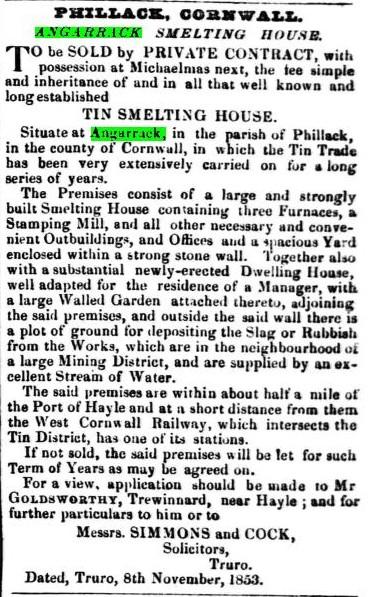 1853 | Sale of Angarrack Smelting House AngarrackSmeltingHouseSale.1853.jpg