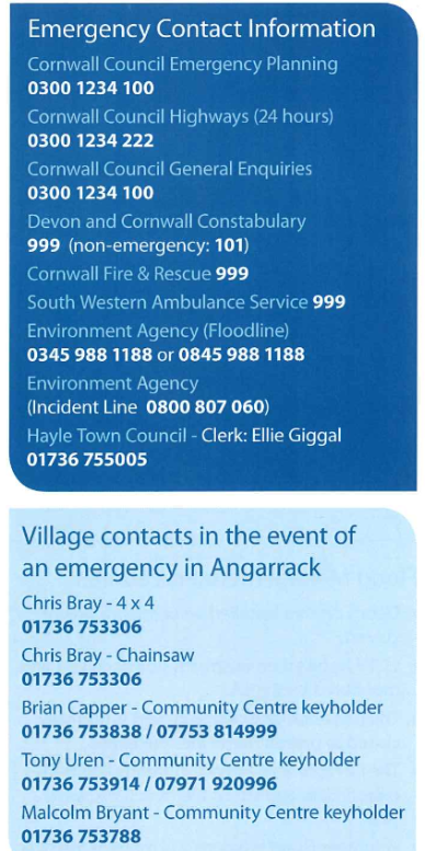 Emergency Contacts - Angarrack Flood Plan 2015