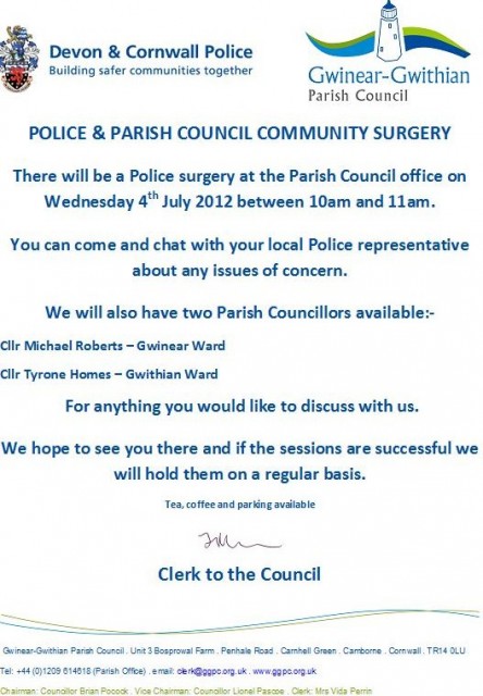 Gwinear Gwithian Police Surgery Meeting 4th July 2012 Gwinear Gwithian Police Surgery Meeting 4th July 2012